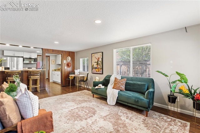 121 Via, San Miguel, Manitou Springs, CO 80829 - living room with dark wood-type flooring, a textured ceiling, and recessed lighting