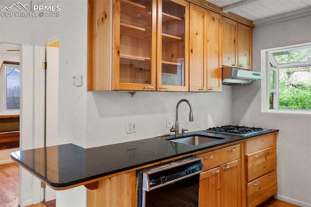 33 Minnehaha Ave, Manitou Springs, CO 80829 - kitchen featuring black dishwasher, stainless steel gas cooktop, light wood-style flooring, glass insert cabinets, and under cabinet range hood