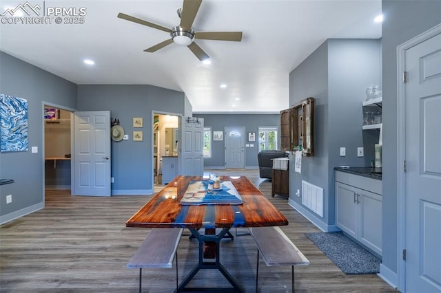 333 Della Fox Ln, Westcliffe, CO 81252 - dining area featuring wood finished floors, a ceiling fan, and recessed lighting