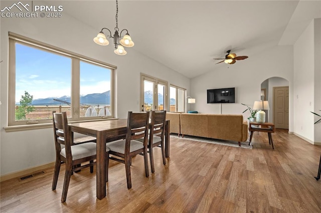 106 Red Tail Blvd, Buena Vista, CO 81211 - dining space featuring arched walkways, light wood finished floors, vaulted ceiling, ceiling fan, and healthy amount of natural light