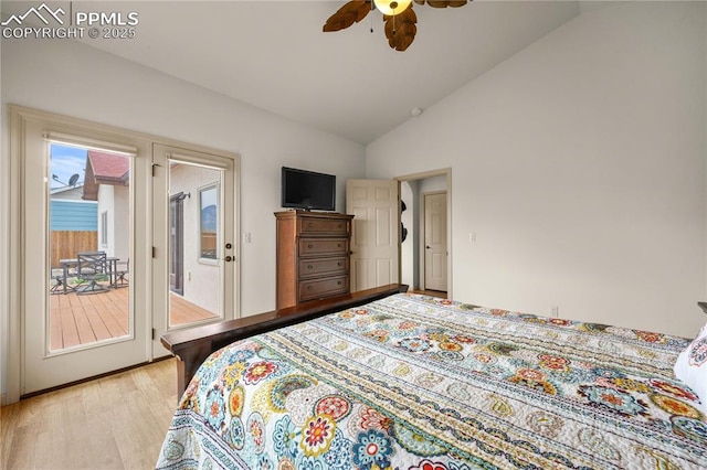 106 Red Tail Blvd, Buena Vista, CO 81211 - bedroom with access to outside, vaulted ceiling, light wood-type flooring, and ceiling fan
