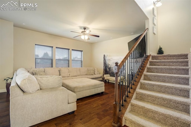 10280 Abrams Dr, Colorado Springs, CO 80925 - living room with ceiling fan, stairway, and dark wood-type flooring