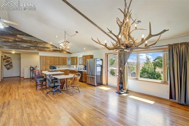 2550 Slocum Rd, Peyton, CO 80831 - dining area featuring a chandelier, high vaulted ceiling, light wood-style flooring, a ceiling fan, and recessed lighting