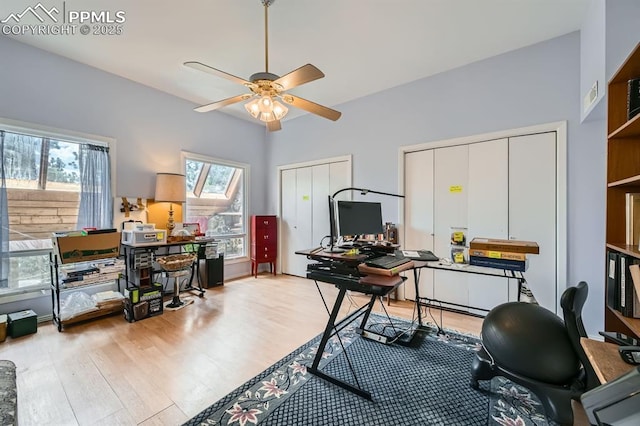 376 Gardenia Rd, Woodland Park, CO 80863 - office area featuring ceiling fan and light wood-style floors