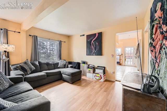 376 Gardenia Rd, Woodland Park, CO 80863 - living area featuring light wood-style floors and beamed ceiling