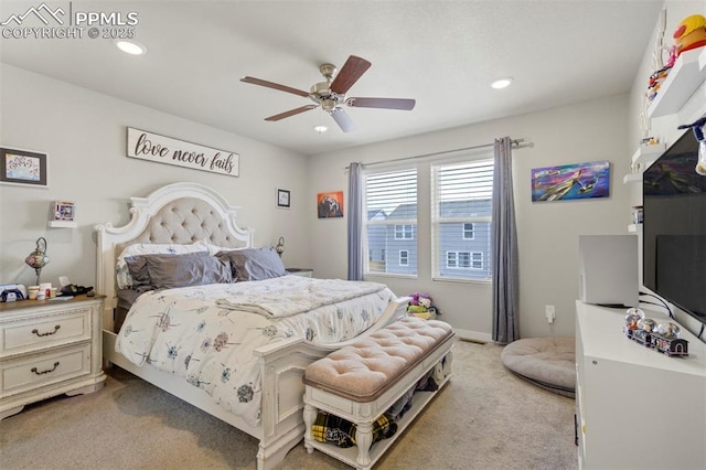 8101 Goldenray Pl, Colorado Springs, CO 80908 - bedroom with light carpet, recessed lighting, and ceiling fan