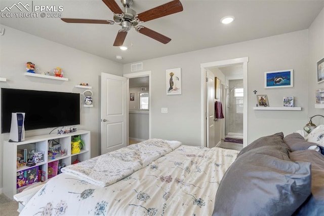 8101 Goldenray Pl, Colorado Springs, CO 80908 - bedroom featuring recessed lighting, ensuite bath, and a ceiling fan