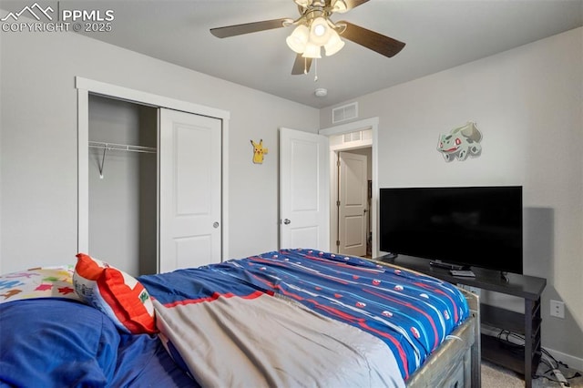 8101 Goldenray Pl, Colorado Springs, CO 80908 - carpeted bedroom with a closet and ceiling fan