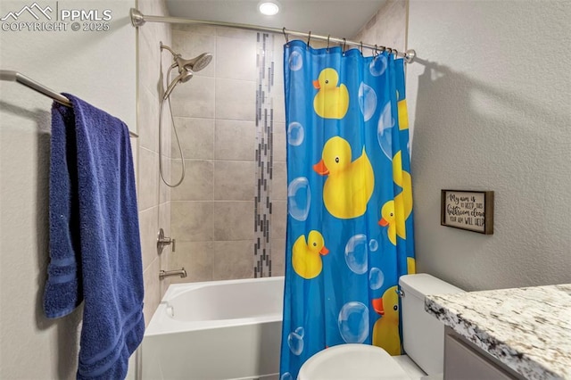 8101 Goldenray Pl, Colorado Springs, CO 80908 - bathroom featuring shower / bath combo with shower curtain, vanity, and recessed lighting
