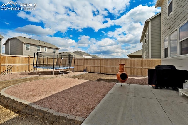 8101 Goldenray Pl, Colorado Springs, CO 80908 - fenced backyard featuring a trampoline and a patio