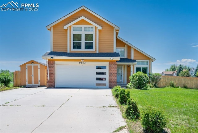 9503 Brisk Breeze Ct, Colorado Springs, CO 80925 - traditional-style house featuring driveway, an attached garage, brick siding, and a storage shed