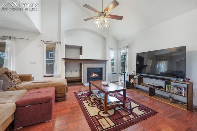 9503 Brisk Breeze Ct, Colorado Springs, CO 80925 - living area with a ceiling fan, wood finished floors, a fireplace, and high vaulted ceiling