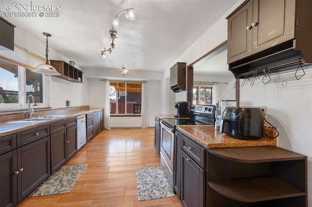 9503 Brisk Breeze Ct, Colorado Springs, CO 80925 - kitchen with stainless steel range with electric stovetop, open shelves, dishwashing machine, light wood finished floors, and dark brown cabinetry