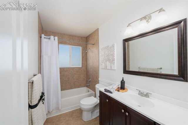 1363 Soaring Eagle Dr, Colorado Springs, CO 80915 - full bathroom with vanity, shower / bathtub combination with curtain, and tile patterned floors