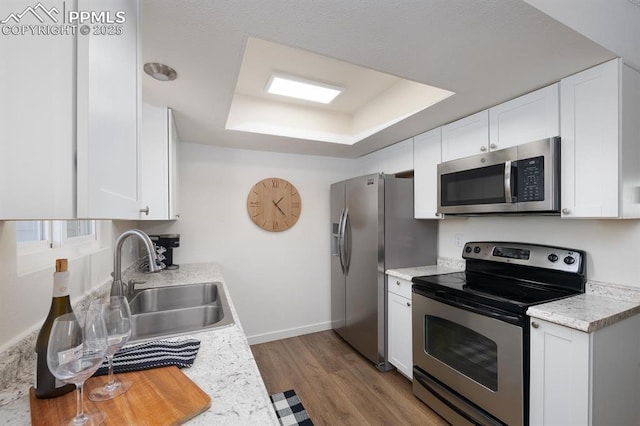 1363 Soaring Eagle Dr, Colorado Springs, CO 80915 - kitchen with stainless steel appliances, a tray ceiling, light countertops, light wood finished floors, and white cabinetry