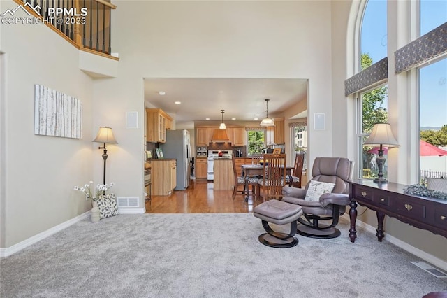 392 Pyrite Ter, Colorado Springs, CO 80905 - living area featuring light carpet, a towering ceiling, and recessed lighting