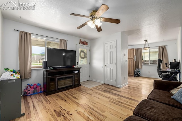 1013 Maxwell St, Colorado Springs, CO 80906 - living room with light wood-type flooring, ceiling fan, and a textured ceiling