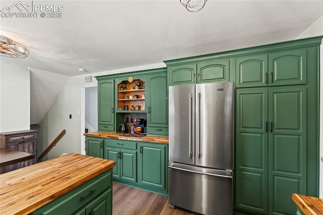 728 Squire St, Colorado Springs, CO 80911 - kitchen featuring butcher block countertops, high end refrigerator, green cabinetry, open shelves, and wood finished floors