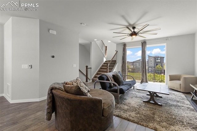 2481 Horsemanship Ct, Colorado Springs, CO 80922 - living area featuring hardwood / wood-style floors, stairs, and a ceiling fan