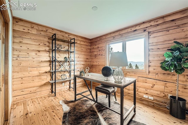 1527 S Pine Dr, Bailey, CO 80421 - home office featuring hardwood / wood-style floors and wood walls