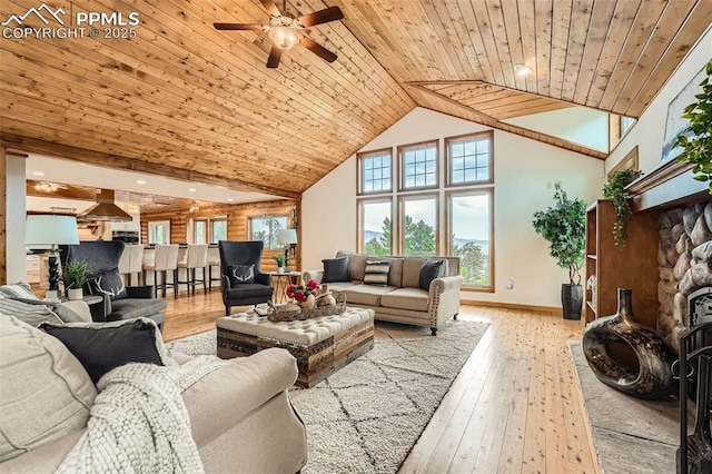 1527 S Pine Dr, Bailey, CO 80421 - living area with a ceiling fan, hardwood / wood-style floors, high vaulted ceiling, and wooden ceiling