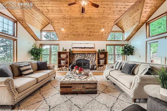 1527 S Pine Dr, Bailey, CO 80421 - living area featuring high vaulted ceiling, wood ceiling, and a ceiling fan