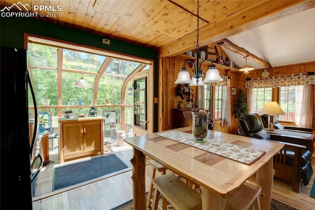 9615 Mountain Rd, Cascade, CO 80809 - dining area with wood finished floors, a chandelier, wood ceiling, and wooden walls