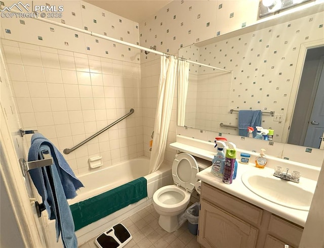 945 Marlstone Pl, Colorado Springs, CO 80904 - bathroom with shower / bath combo with shower curtain, vanity, tile patterned floors, and wallpapered walls