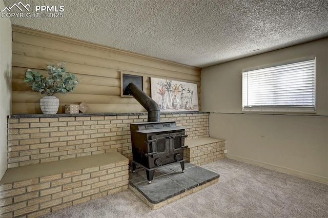 4110 Undimmed Cir, Colorado Springs, CO 80917 - detailed view of a textured ceiling, a wood stove, and carpet flooring
