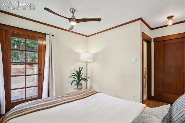 1401 N Tejon St, Colorado Springs, CO 80907 - bedroom featuring ornamental molding, wood finished floors, and a ceiling fan