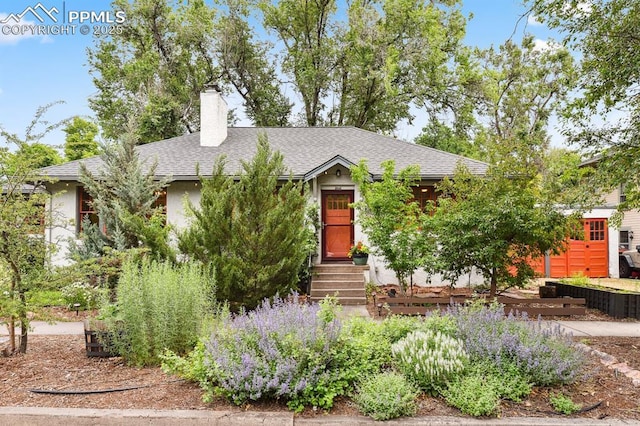 1401 N Tejon St, Colorado Springs, CO 80907 - view of property hidden behind natural elements featuring a shingled roof, a chimney, stucco siding, and entry steps