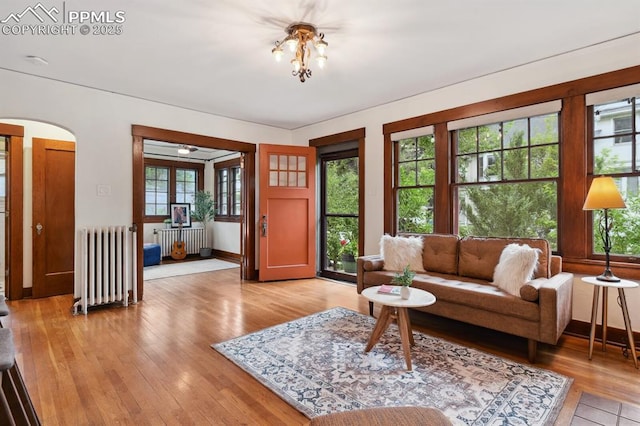 1401 N Tejon St, Colorado Springs, CO 80907 - living room with radiator, arched walkways, and plenty of natural light