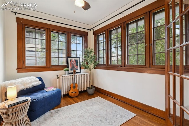 1401 N Tejon St, Colorado Springs, CO 80907 - sitting room with radiator, wood finished floors, and a ceiling fan