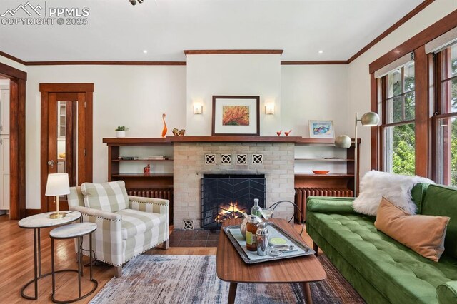 1401 N Tejon St, Colorado Springs, CO 80907 - living room with wood finished floors, a fireplace, crown molding, recessed lighting, and radiator heating unit