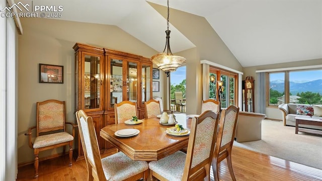 440 Torrey Pines Way, Colorado Springs, CO 80921 - dining space with vaulted ceiling, light wood finished floors, and a mountain view
