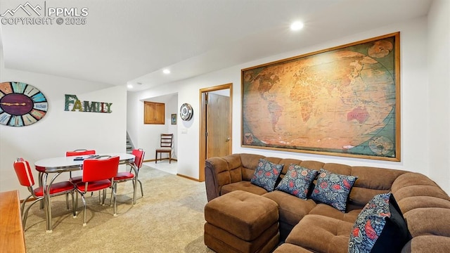 440 Torrey Pines Way, Colorado Springs, CO 80921 - living area featuring carpet flooring, recessed lighting, and stairway