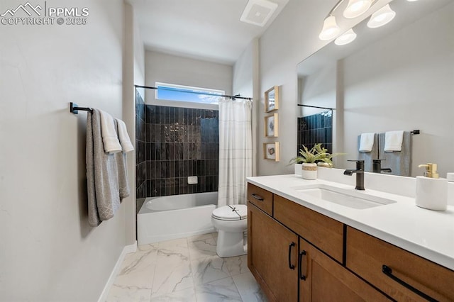 9996 Antelope Ravine Dr, Colorado Springs, CO 80908 - full bathroom with vanity, marble finish flooring, and shower / tub combo with curtain