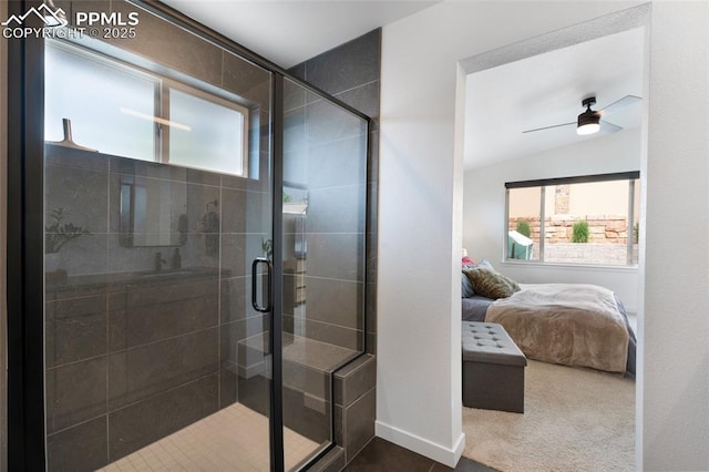 4841 Hanging Lake Cir, Colorado Springs, CO 80924 - ensuite bathroom featuring a shower stall and ceiling fan