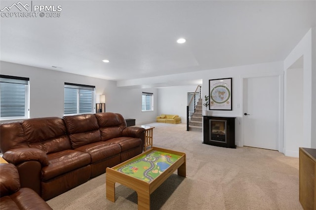 4841 Hanging Lake Cir, Colorado Springs, CO 80924 - living room with light carpet, stairway, and recessed lighting