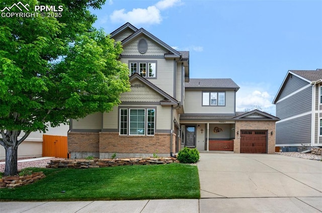 7665 Manston Dr, Colorado Springs, CO 80920 - craftsman house with concrete driveway, brick siding, a garage, and a front lawn