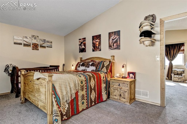 601 Harvest Field Way, Fountain, CO 80817 - carpeted bedroom featuring lofted ceiling and a textured ceiling