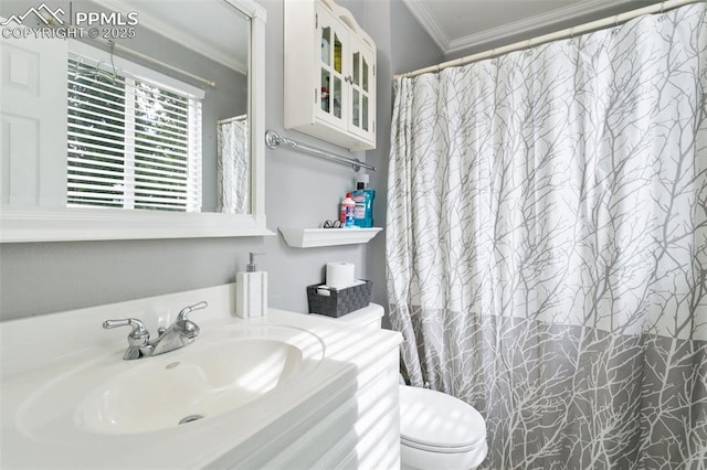 1360 Piros Dr, Colorado Springs, CO 80922 - bathroom featuring crown molding, vanity, and a shower with curtain