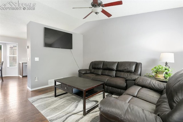 1360 Piros Dr, Colorado Springs, CO 80922 - living room with a ceiling fan, wood finished floors, and lofted ceiling