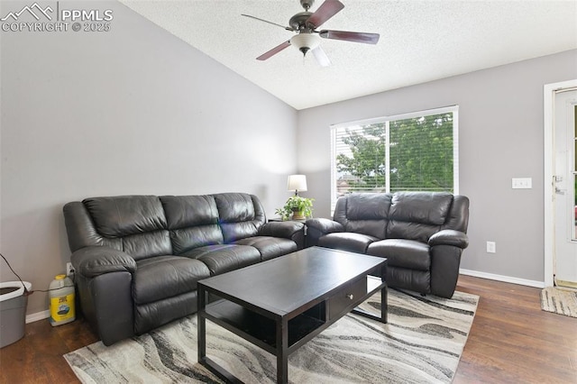 1360 Piros Dr, Colorado Springs, CO 80922 - living area with ceiling fan, wood finished floors, lofted ceiling, and a textured ceiling