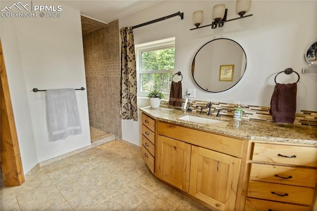 1522 Monarch Dr, Cripple Creek, CO 80813 - bathroom featuring a walk in shower, vanity, and tile patterned floors