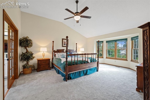 2505 Wimbleton Ct, Colorado Springs, CO 80920 - bedroom with carpet floors, vaulted ceiling, french doors, and a ceiling fan
