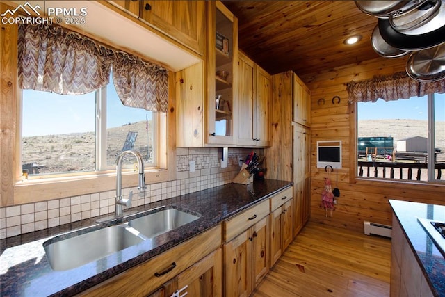 1160 Diamond Back Trl, Canon City, CO 81212 - kitchen featuring wood ceiling, baseboard heating, light wood finished floors, decorative backsplash, and glass insert cabinets
