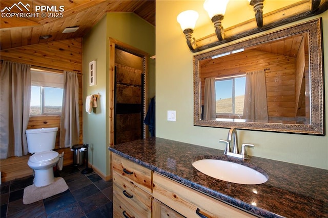 1160 Diamond Back Trl, Canon City, CO 81212 - full bathroom featuring healthy amount of natural light, wood ceiling, vanity, vaulted ceiling, and curtained shower