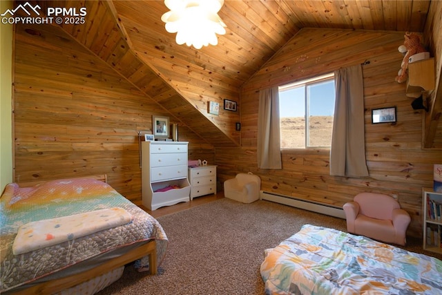1160 Diamond Back Trl, Canon City, CO 81212 - bedroom featuring wooden walls, lofted ceiling, a baseboard radiator, wood ceiling, and carpet flooring