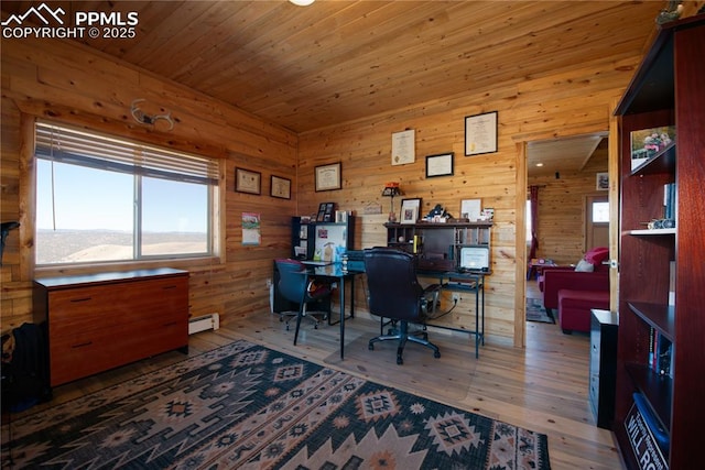 1160 Diamond Back Trl, Canon City, CO 81212 - home office featuring hardwood / wood-style flooring, wood walls, a baseboard heating unit, and wooden ceiling